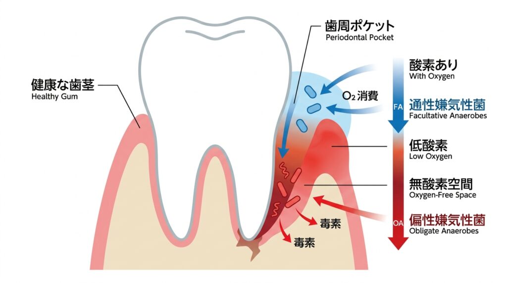 歯周病の悪化に伴い、歯周ポケット内部が好気性環境から嫌気性(無酸素)環境へと変化するプロセスの断面図