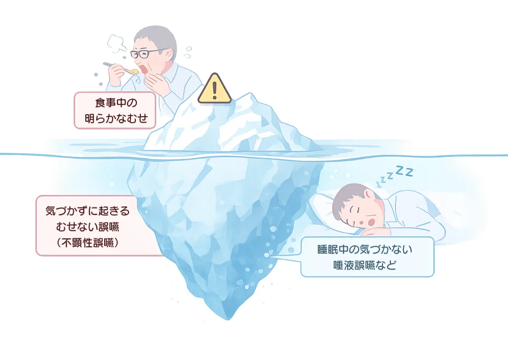 誤嚥の氷山モデル。水面上にある『食事中の明らかなむせ』は氷山の一角に過ぎず、水面下には『気づかずに起きるむせない誤嚥(不顕性誤嚥)』や『睡眠中の気づかない唾液誤嚥』がより大きなリスクとして存在していることを示す図解