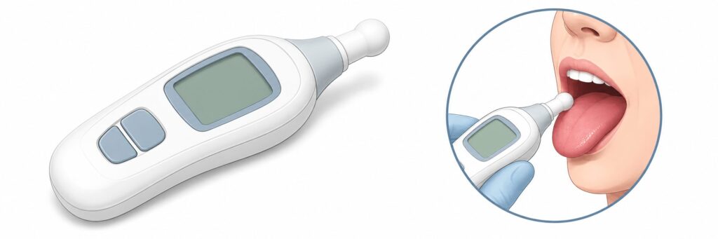 口腔粘膜湿潤度計のイメージ図。白いハンディ型測定器本体と、先端のプローブを口腔内に当てて測定している様子を横長レイアウトで示した図。