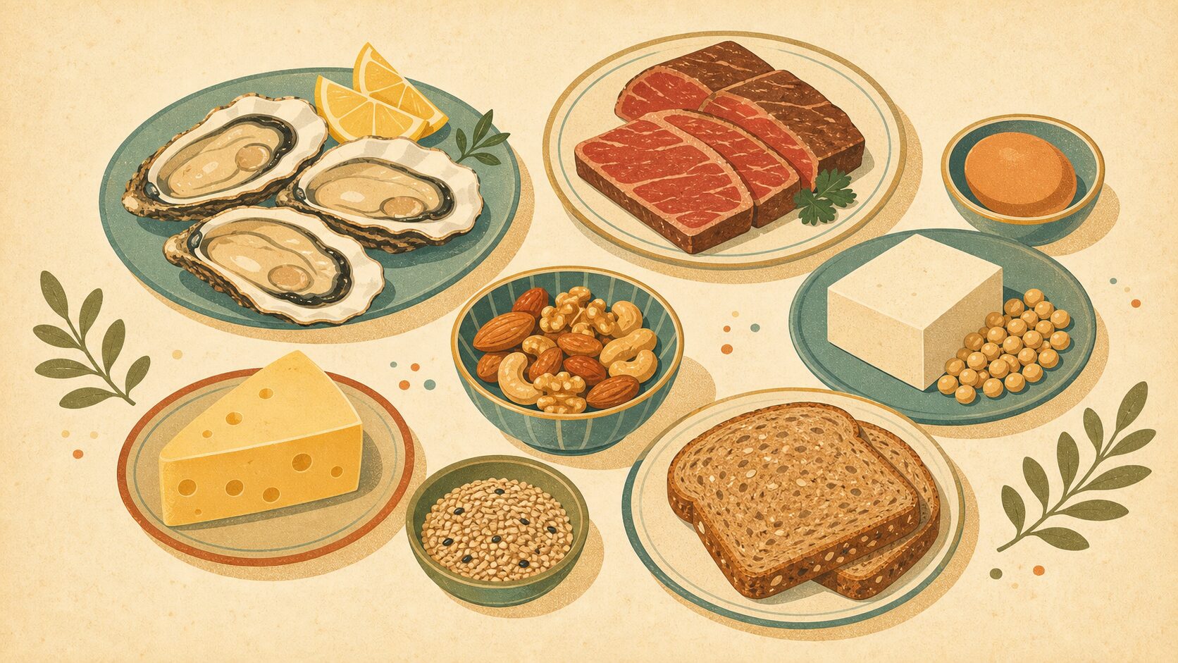牡蠣、肉、卵、豆腐、大豆、ナッツ、チーズ、全粒粉パンなど亜鉛を含む食品のレトロ調イラスト